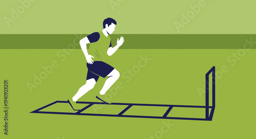 Athlete training agility on a ladder and hurdle, fitness workout on green grass field