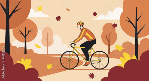 Autumn cyclist riding a bicycle through a park with colorful falling leaves and trees