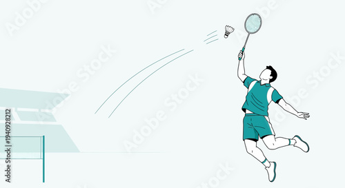 Badminton player jumping to hit shuttlecock during match, sports action illustration