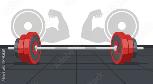 Barbell with Red Weights and Bicep Flex Shadow, Gym Equipment, Fitness Concept