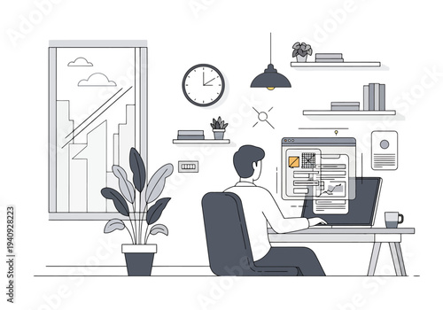 Man Working Remotely on Laptop at Desk in Modern Office Space with Window View and Indoor Plant Digital Interface
