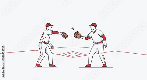 Baseball players practicing catch on a field, illustration