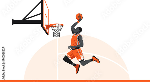 Basketball player dunking on court, dynamic action shot, sports illustration