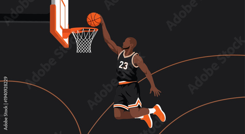 Basketball Player Dunking Slam Dunk Action Shot with Orange Accents on Dark Background