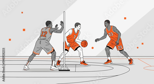 Basketball players in action on court, dribbling and defending during a game