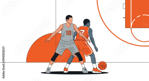 Basketball players in action, dribbling and defending on court, graphic illustration