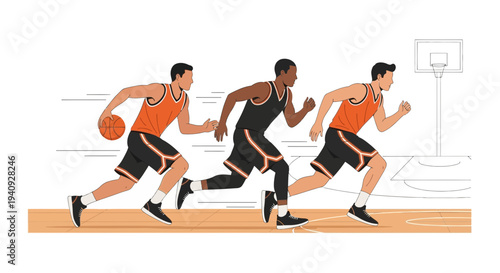 Basketball players running on court, fast break, sports action, competitive game