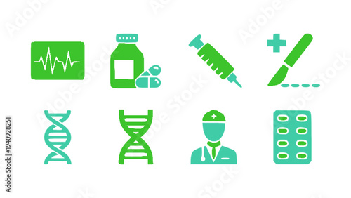 Modern healthcare icons featuring DNA, syringe injection, medical monitor, and doctor profile.