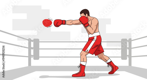Boxer training in red shorts and gloves, punching in a boxing ring with ropes
