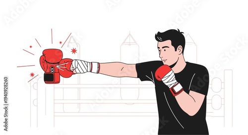 Boxer training in ring, punching with red gloves, focus and determination