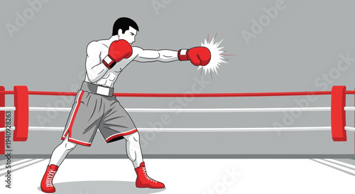 Boxer training in ring, punching, red gloves, action, sport, fitness, dynamic, motion