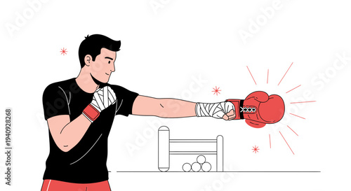 Boxer training with red gloves, punching in a ring, dynamic action, focus, and determination