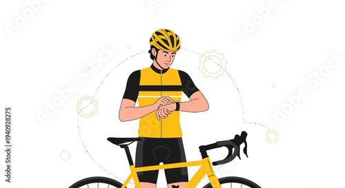 Cyclist checking smartwatch after training, yellow bicycle and gear icons