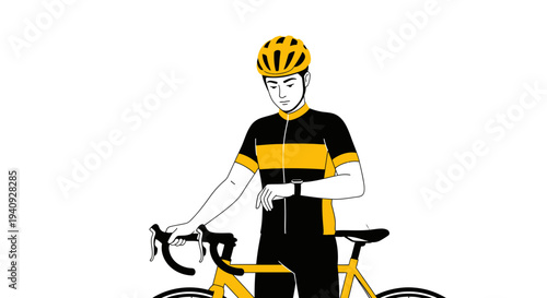 Cyclist checking smartwatch before cycling, yellow bicycle and sportswear