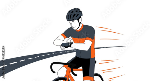 Cyclist checking smartwatch on road, motion blur, speed, sport, technology
