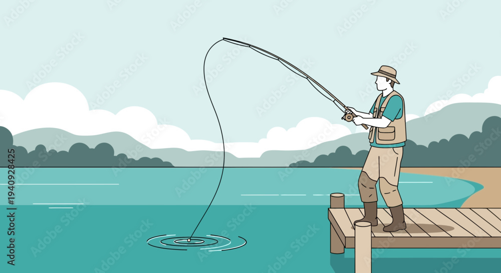 Fototapeta Fisherman casting line from wooden pier into tranquil lake, fly fishing hobby