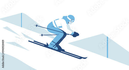 Female skier racing down a snowy slope, dynamic action shot, winter sports illustration