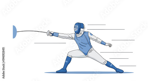 Fencer in action, lunging forward with sword, dynamic pose, sports illustration