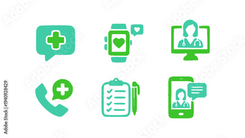 Modern medical icons showing online doctor consultation, health app, phone support, and medical report.
