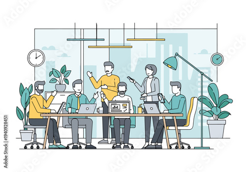 Diverse team collaborates on new project ideas in a modern office setting with laptops and plants fostering innovation and discussion