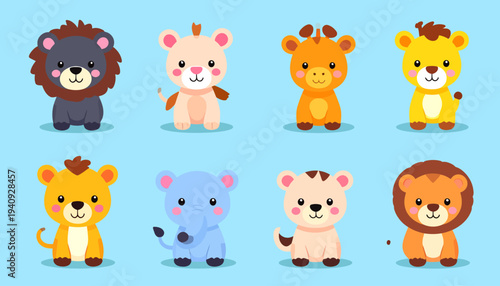 Cute Animal Characters Illustration on Blue Background