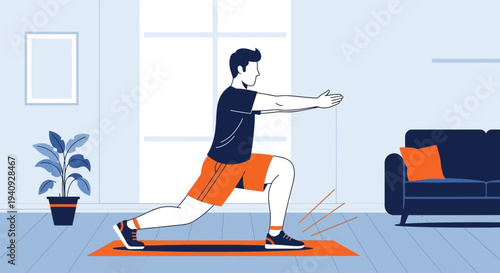 Man doing lunges at home for fitness, workout in living room, healthy lifestyle