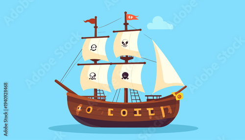 Cartoon Pirate Ship on Blue Background