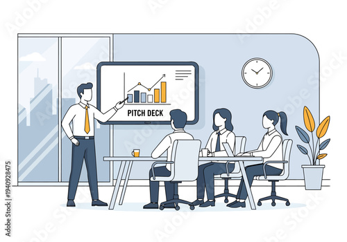 Business team in meeting room analyzing financial growth chart presented on digital display by presenter pointing at screen with data