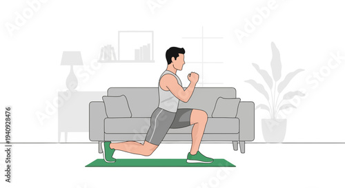 Man doing lunges at home, fitness, workout, healthy lifestyle, exercise, indoor