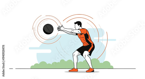Man doing medicine ball workout, fitness training, dynamic movement, outdoor exercise