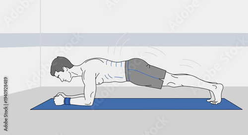 Man doing plank exercise on yoga mat, core strength training, fitness workout