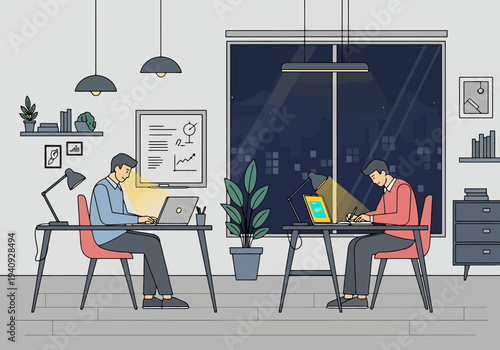 Two colleagues working diligently on laptops at their desks in a modern office at night with city lights visible through the window and minimalist