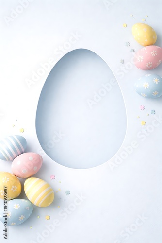 Pastel Easter eggs and confetti arranged around an egg-shaped opening pastel eggs egg shape
