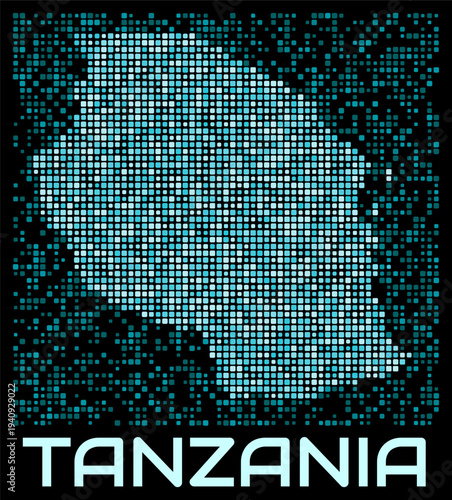 Tanzania digital dotted map. Shape of the country in cyan color palette on dark background. Futuristic Tanzania map design. Vector illustration.