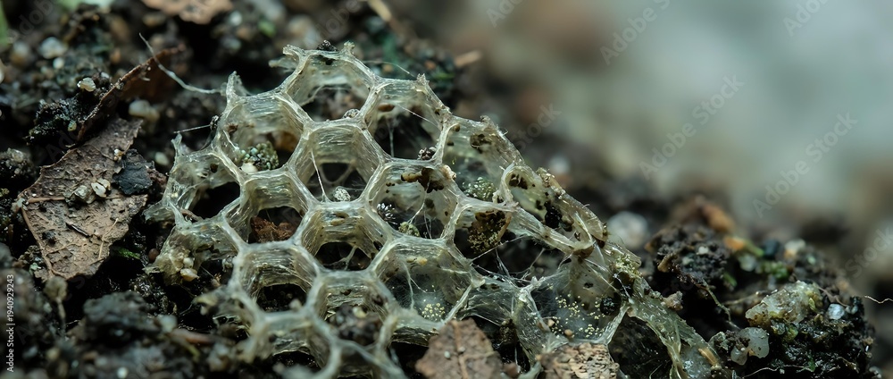 Fototapeta premium Old weathered honeycomb structure with hexagonal cells lying on forest ground among moss and organic debris, natural decay process in woodland environment.