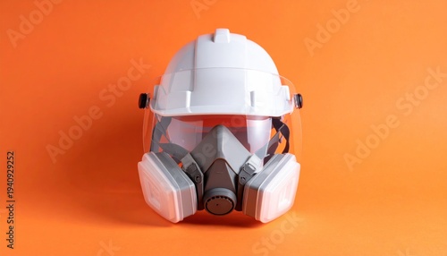 Professional Grade Personal Protective Equipment White Hard Hat Paired with a Full-Face Respirator Mask Symbolizing Safety and Hazard Protection in Industrial Settings
