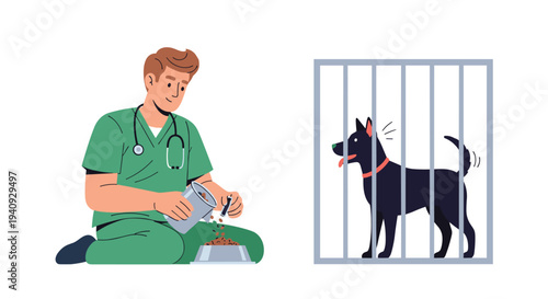 A male veterinarian in green scrubs feeds a black dog in a metal cage by pouring kibble into a bowl on a plain white background.