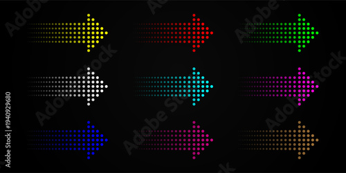 Set of Dotted Arrow Design. Arrow halftone effect. Vector isolated on transparent background