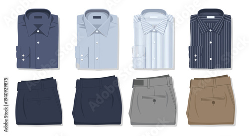 An organized display of eight men's folded shirts and trousers, showcasing various colors and patterns, presented on a light gray background.