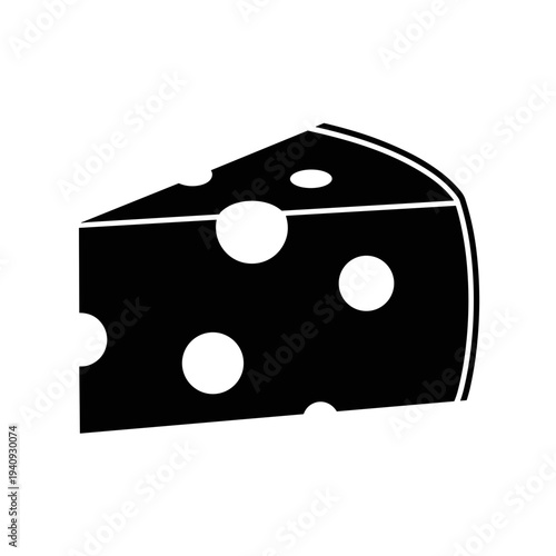 Black and white illustration of a cheese wedge with holes, isolated.