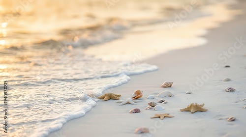 Seashells scattered on sandy beach with gentle waves at golden hour sunset creating peaceful coastal scene for vacation and travel concepts.