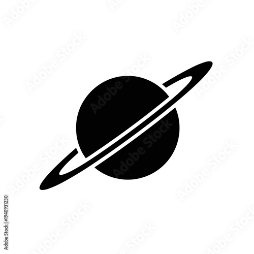 Black and white illustration of a planet with a ring system in space.