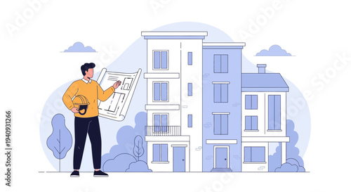 Architect reviews building plans in front of modern apartment complex