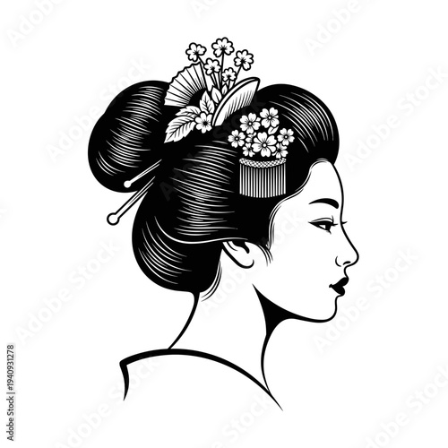 Elegant black and white illustration of a Japanese geisha with traditional hairstyle.