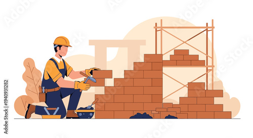 Bricklayer Building Wall Construction Site Scaffolding Worker Safety Helmet