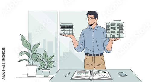 Businessman comparing building models, real estate investment, property choice