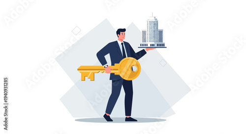 Businessman holding a golden key and a miniature skyscraper, symbolizing real estate investment