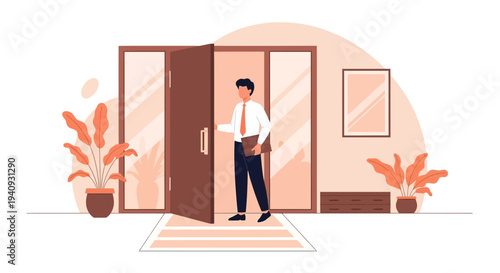 Businessman entering office through open door, modern interior with plants
