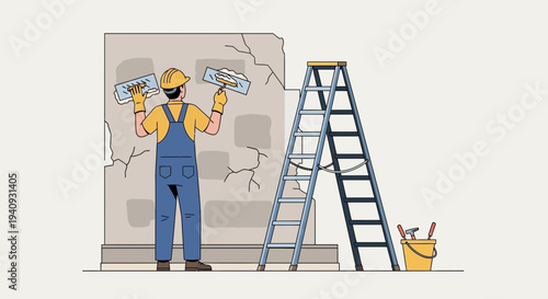 Construction worker repairing cracked wall with plaster and tools, ladder nearby