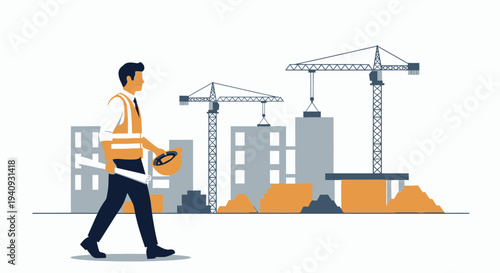 Construction worker with blueprints and hard hat on site with cranes and buildings